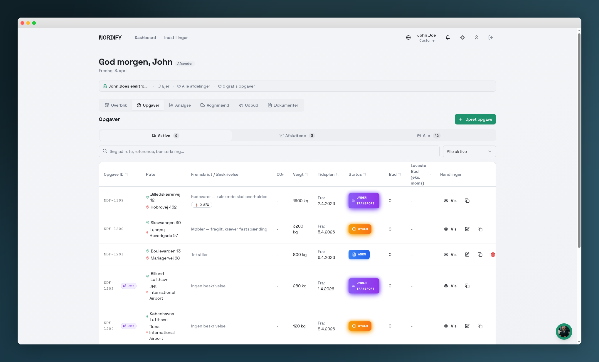 Nordify platform — freight bids, booking and tracking in one overview